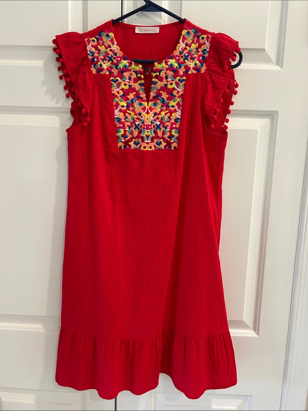 Red Embroidered Flutter Sleeve Dress
